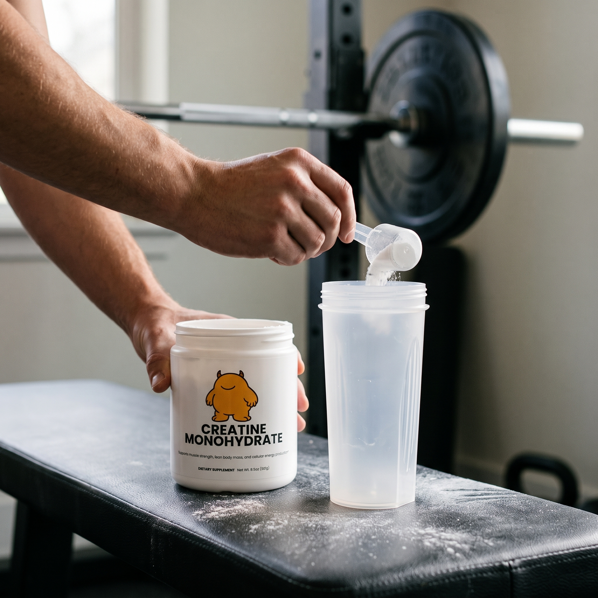 L.A.D.S. Powders collection - creatine monohydrate scoop into shaker, gym setting