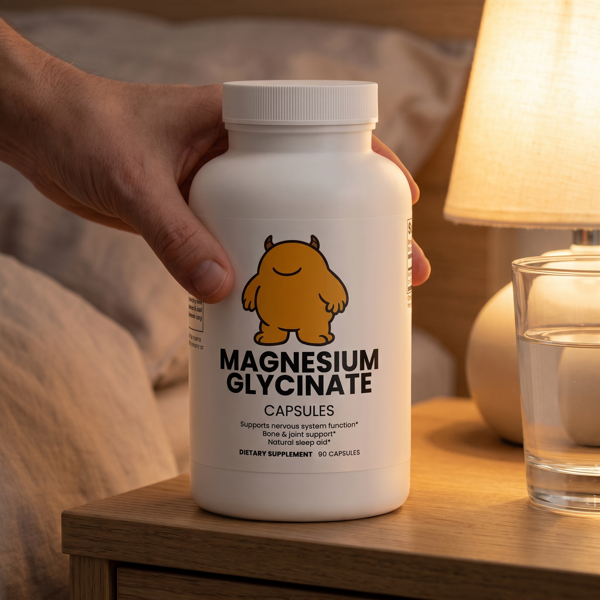 L.A.D.S. Capsules collection - Magnesium Glycinate bottle on a lamp-lit nightstand