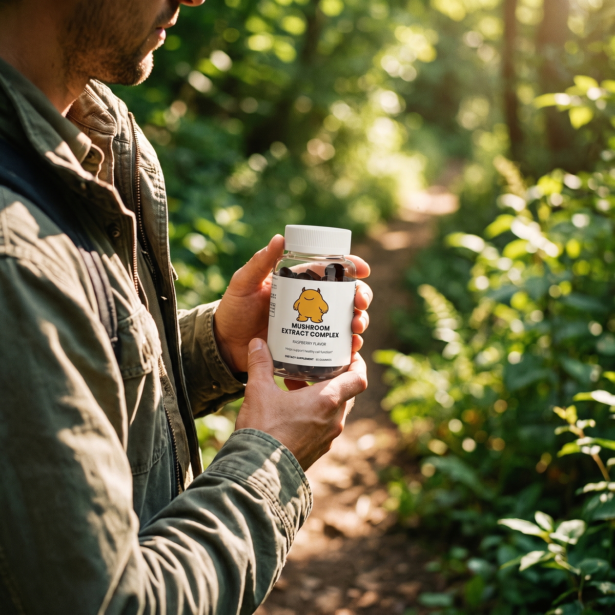 L.A.D.S. Gummies collection - walking a sunlit green trail holding the Mushroom Extract Complex bottle