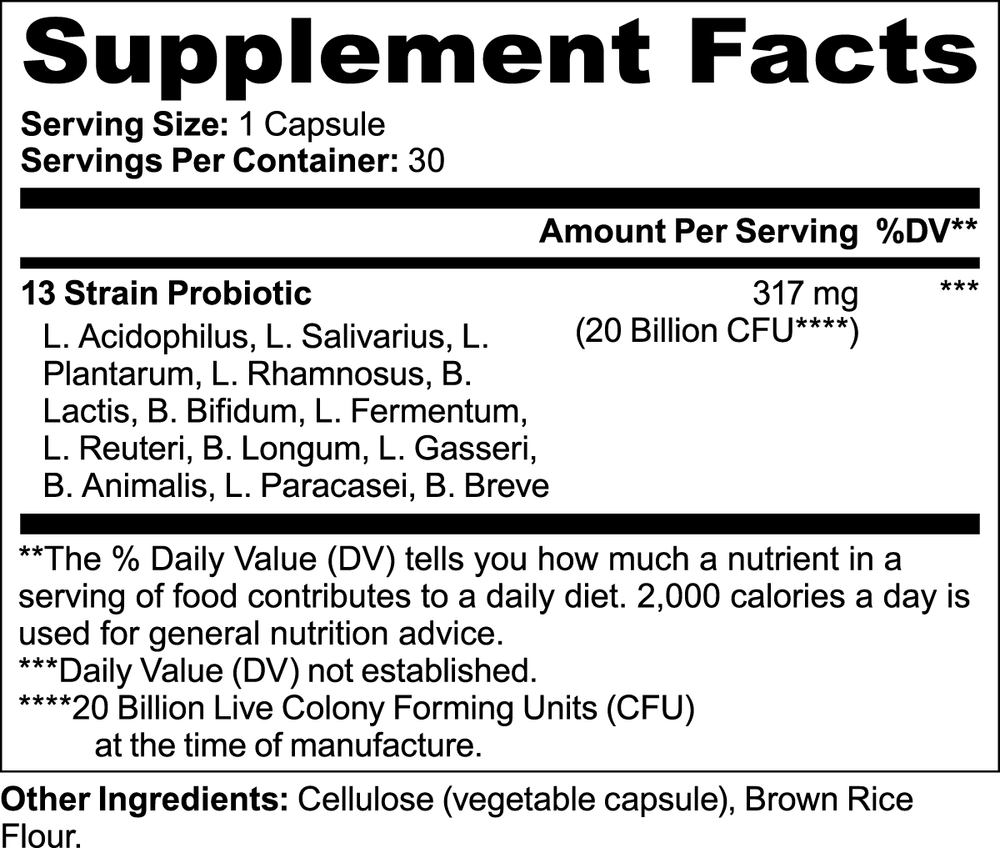 Probiotic 20 Billion CFU Capsules - product information graphic
