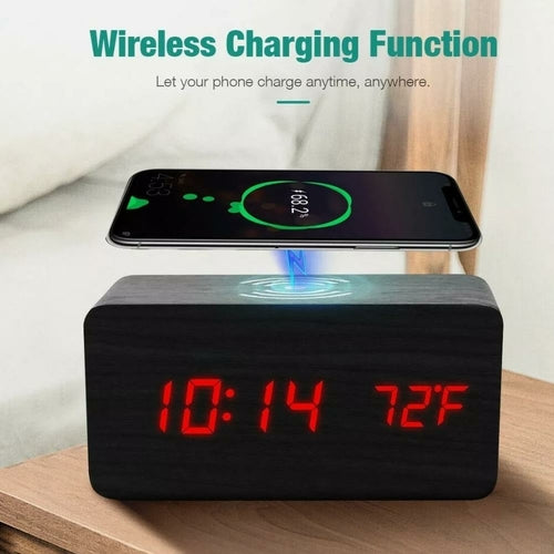 🌿 Elegant Wooden Digital Alarm Clock with Qi Wireless Charging