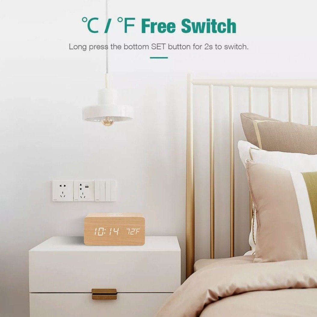 🌿 Elegant Wooden Digital Alarm Clock with Qi Wireless Charging