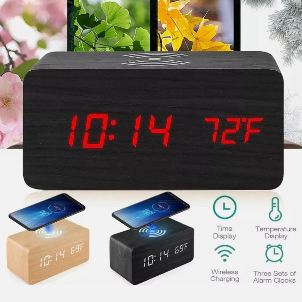🌿 Elegant Wooden Digital Alarm Clock with Qi Wireless Charging