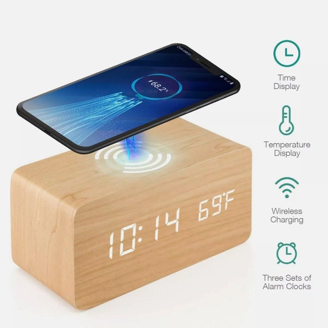 🌿 Elegant Wooden Digital Alarm Clock with Qi Wireless Charging