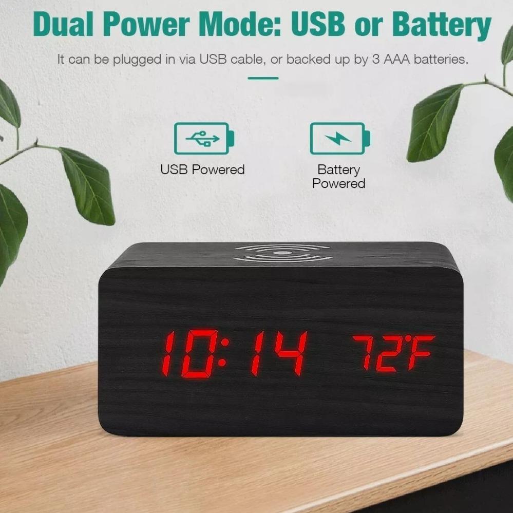 🌿 Elegant Wooden Digital Alarm Clock with Qi Wireless Charging