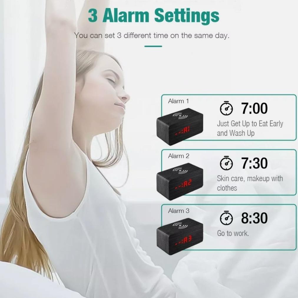 🌿 Elegant Wooden Digital Alarm Clock with Qi Wireless Charging