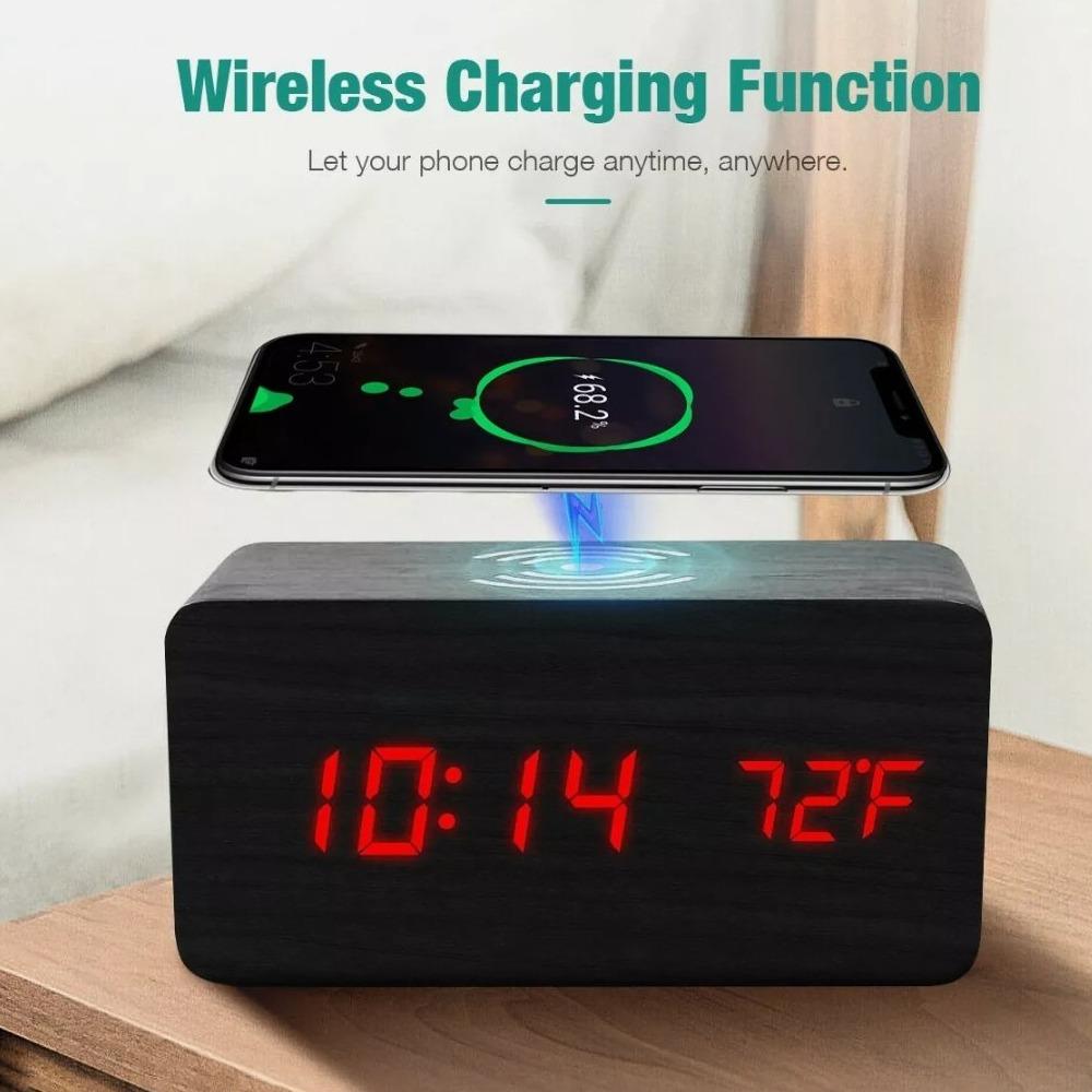🌿 Elegant Wooden Digital Alarm Clock with Qi Wireless Charging